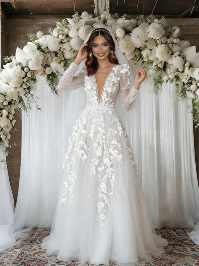 White Tulle Long Sleeve V-neck Appliques Wedding Dress
