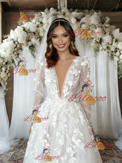 White Tulle Long Sleeve V-neck Appliques Wedding Dress