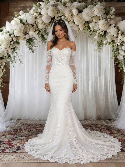White Mermaid Long Sleeve Lace Wedding Dress