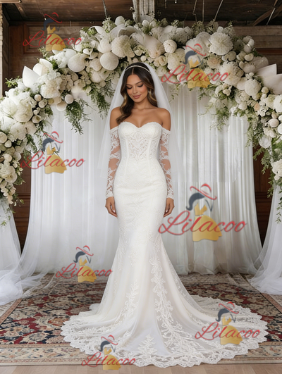 White Mermaid Long Sleeve Lace Wedding Dress