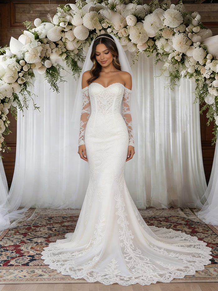 White Mermaid Long Sleeve Lace Wedding Dress