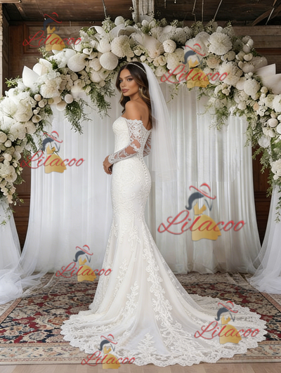 White Mermaid Long Sleeve Lace Wedding Dress