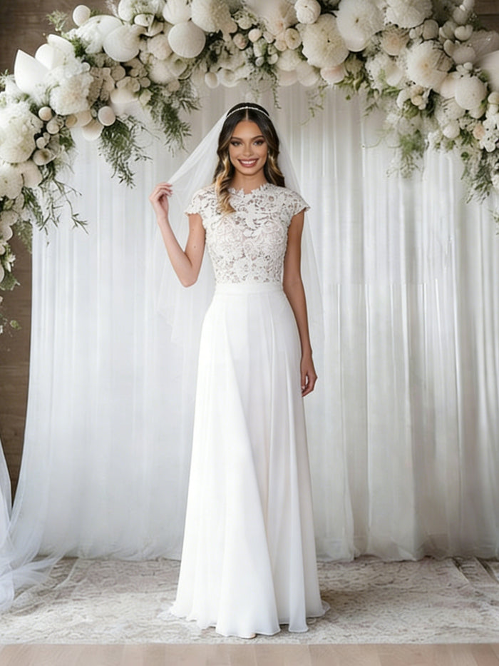 White Chiffon Lace Cap Sleeve Wedding Dress