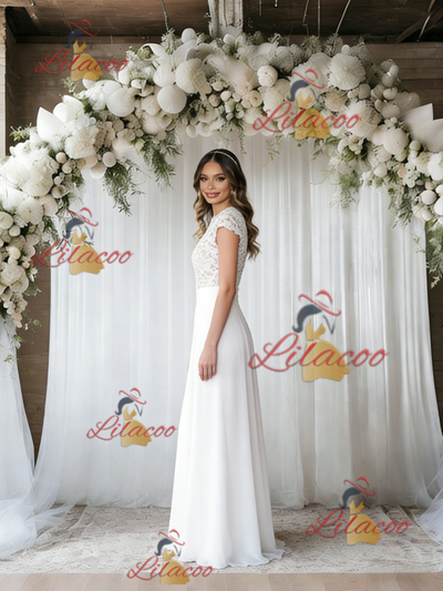 White Chiffon Lace Cap Sleeve Wedding Dress