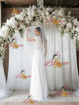 White Chiffon Lace Cap Sleeve Wedding Dress