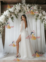 White Sequins Long Sleeve V-neck Wedding Dress