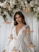 White Sequins Long Sleeve V-neck Wedding Dress