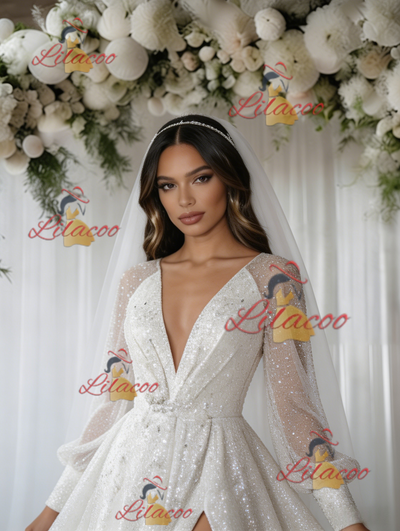 White Sequins Long Sleeve V-neck Wedding Dress