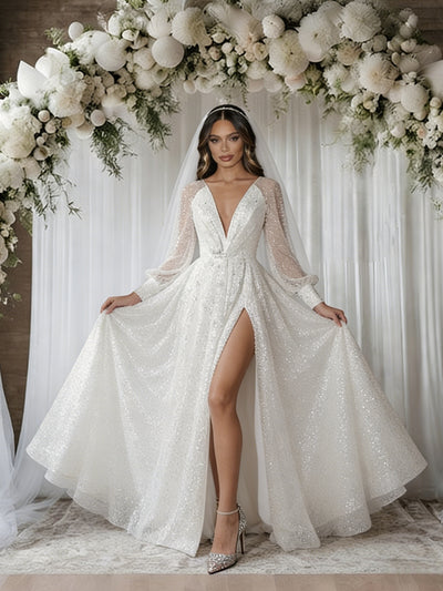 White Sequins Long Sleeve V-neck Wedding Dress