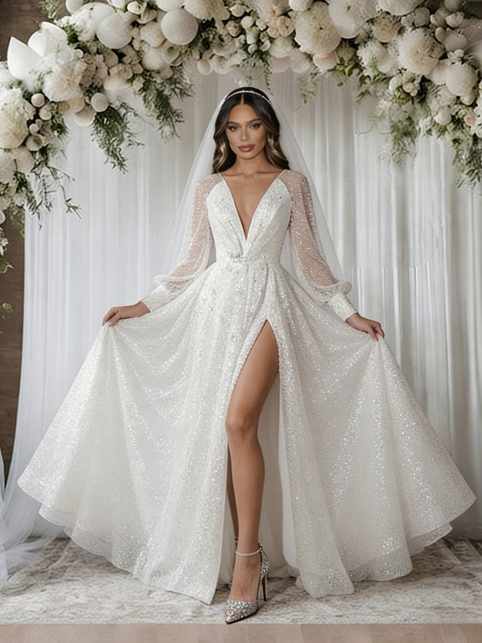 White Sequins Long Sleeve V-neck Wedding Dress