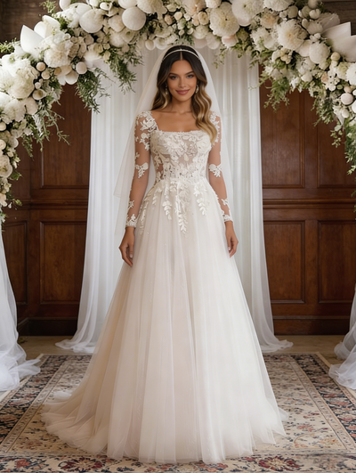 White Tulle Lace Long Sleeve Square Neck Wedding Dress