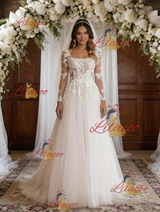 White Tulle Lace Long Sleeve Square Neck Wedding Dress