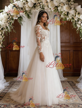 White Tulle Lace Long Sleeve Square Neck Wedding Dress