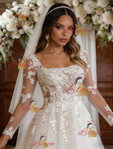 White Tulle Lace Long Sleeve Square Neck Wedding Dress