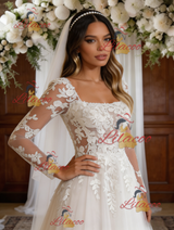 White Tulle Lace Long Sleeve Square Neck Wedding Dress
