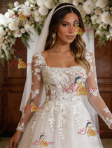 White Tulle Lace Long Sleeve Square Neck Wedding Dress