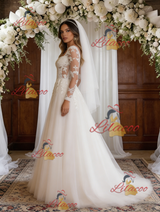 White Tulle Lace Long Sleeve Square Neck Wedding Dress