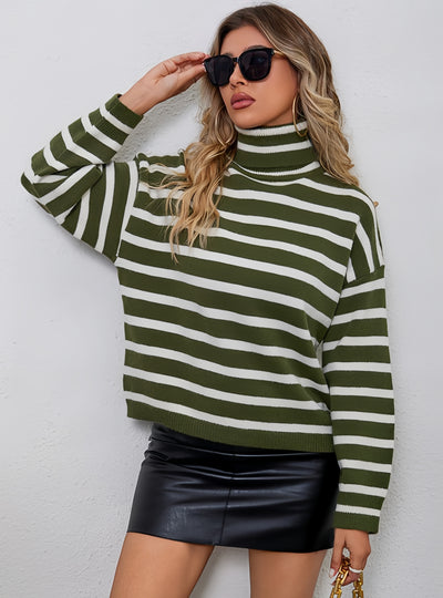 Loose High-necked Striped Long-sleeved Sweater