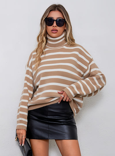 Loose High-necked Striped Long-sleeved Sweater
