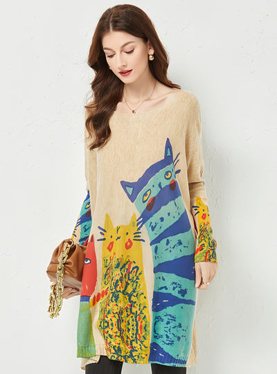 Medium and Long Cat Printed Loose Sweater
