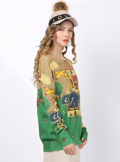 Long Sleeve Loose T-shirt Animal Print Sweater