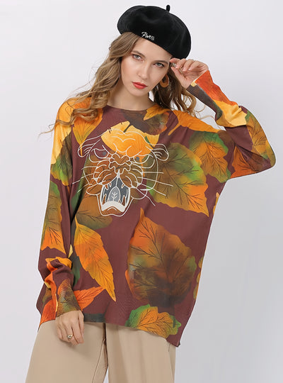 Maple Leaf Tiger Head Print Round Neck Sweater