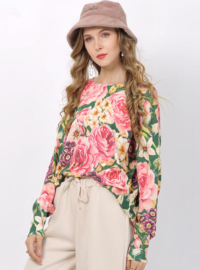 Long Sleeve Flower Print Loose Sweater