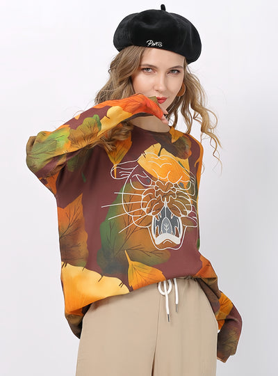 Maple Leaf Tiger Head Print Round Neck Sweater
