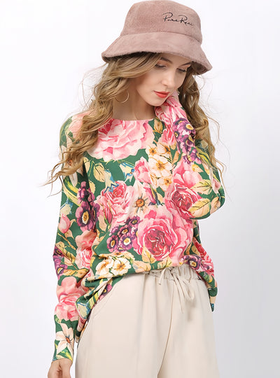 Long Sleeve Flower Print Loose Sweater