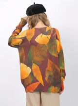 Maple Leaf Tiger Head Print Round Neck Sweater