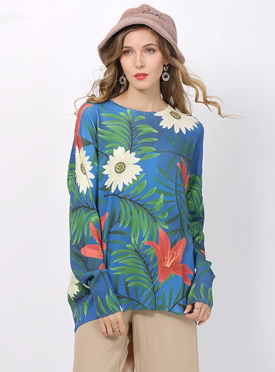 Loose Pullover Plus Size Printed Flowers Sweater