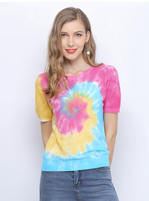 Tie-dyed Short-sleeved Thin Knitted Turtleneck Top