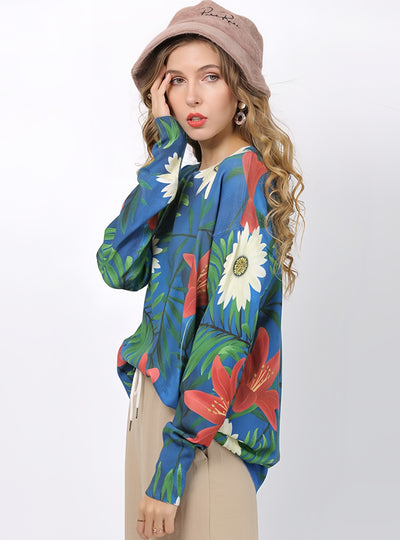 Loose Pullover Plus Size Printed Flowers Sweater