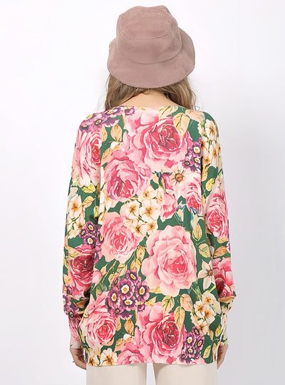 Long Sleeve Flower Print Loose Sweater