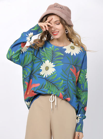 Loose Pullover Plus Size Printed Flowers Sweater