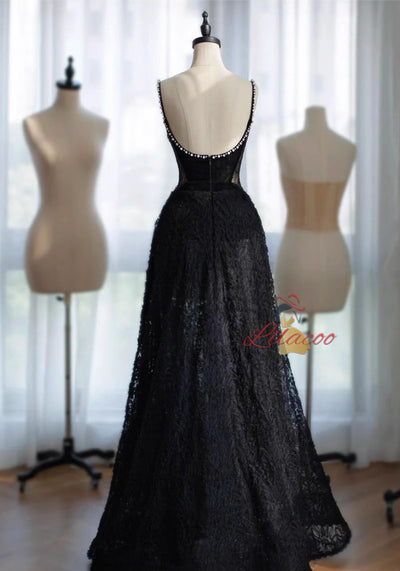 Black Lace Velvet Straps Crystal Prom Dress