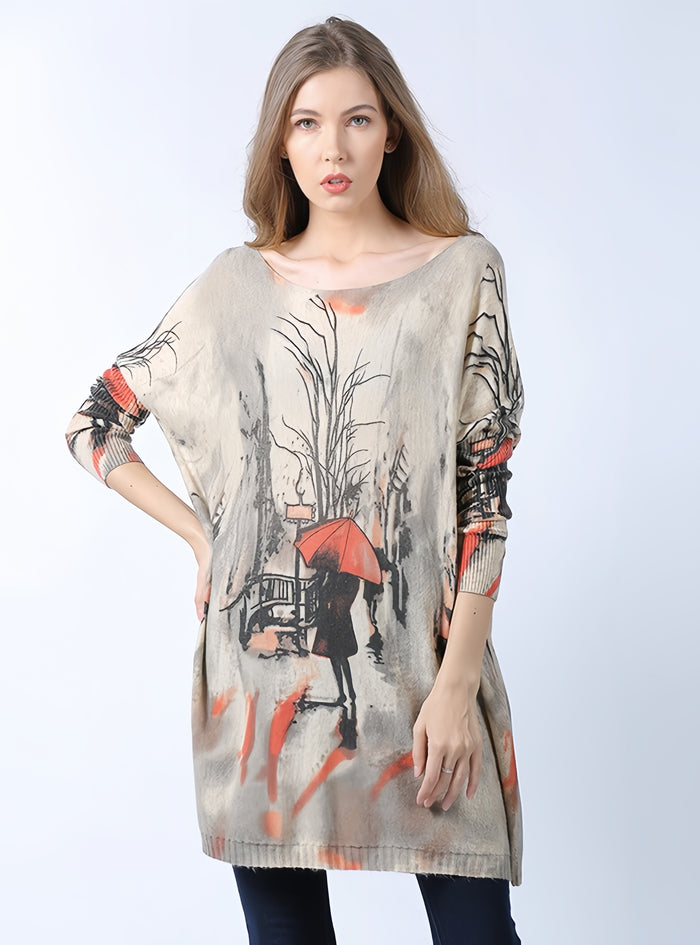 Women Printed Long Loose Sweater