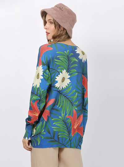 Loose Pullover Plus Size Printed Flowers Sweater