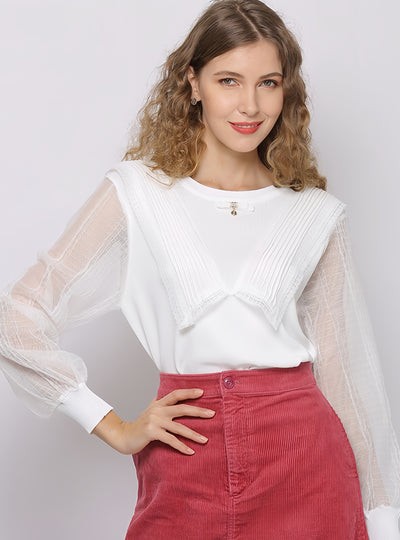 Round Neck Stitching Lace Long Sleeves Shirt