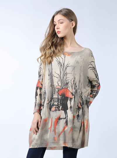 Women Printed Long Loose Sweater