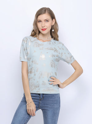 Hot Stamping Print Loose Short Sleeve Sweater
