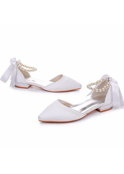 Flat-heeled Pointed Satin Beaded Bridal Shoes
