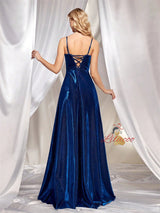 Blue V-neck Straps Split Prom Dress