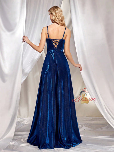 Blue V-neck Straps Split Prom Dress