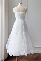 White Tulle Spaghetti Straps Pleat Prom Dress