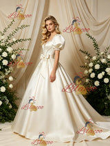 Ivory Satin Puff Sleeve Beading Wedding Dress