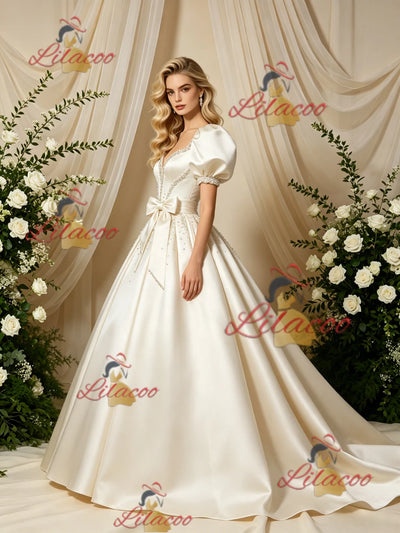 Ivory Satin Puff Sleeve Beading Wedding Dress
