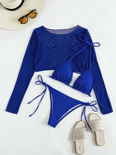 Sexy Blue Long-sleeved Three-piece Swimsuit
