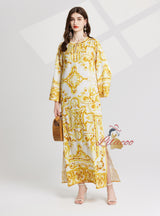 Retro Printed Round Neck Loose Flared Sleeves Dress