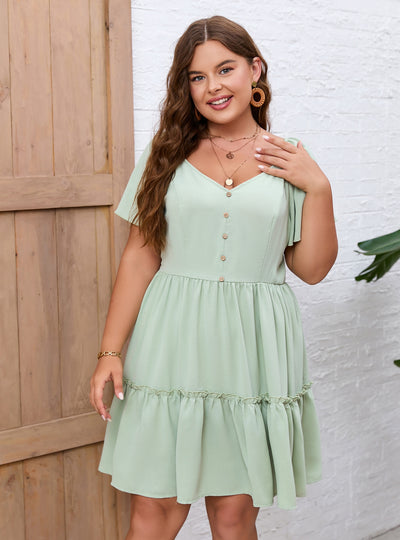 V-neck Big Swing Lotus Leaf Short-sleeved Dress